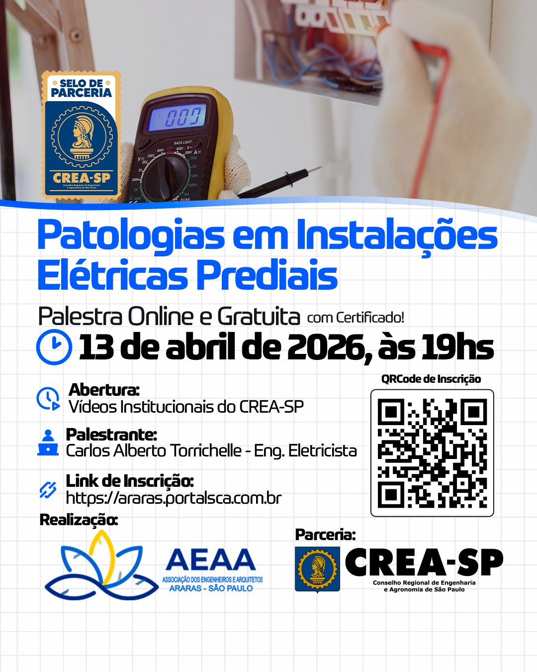 Banner da palestra de 13 de abril de 2026 sobre Patologia em Instalações Elétricas Prediais