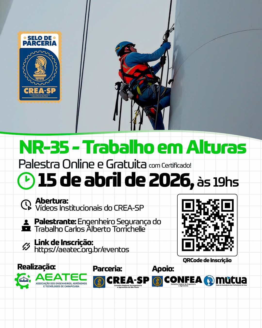 Banner da palestra de 15 de abril de 2026 sobre Trabalho em Altura